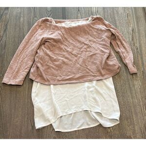 Ann Taylor LOFT Top 3/4 Sleeve Split Back Layered Shimmer Tan Cream Size S